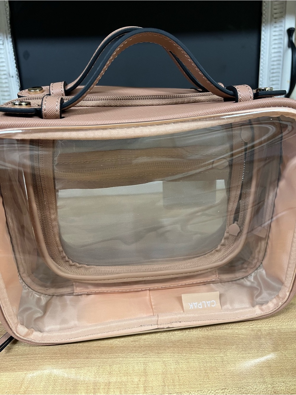 Calpak NWT Clear Cosmetic Case in Beige/Tan with Top Handle - Picture 5 of 6